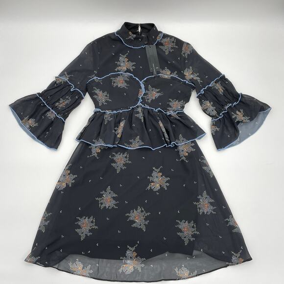 New LOST INK Patterned Ruffle Bell Sleeve Chiffon Dress Womens Sz XXS - Picture 1 of 7